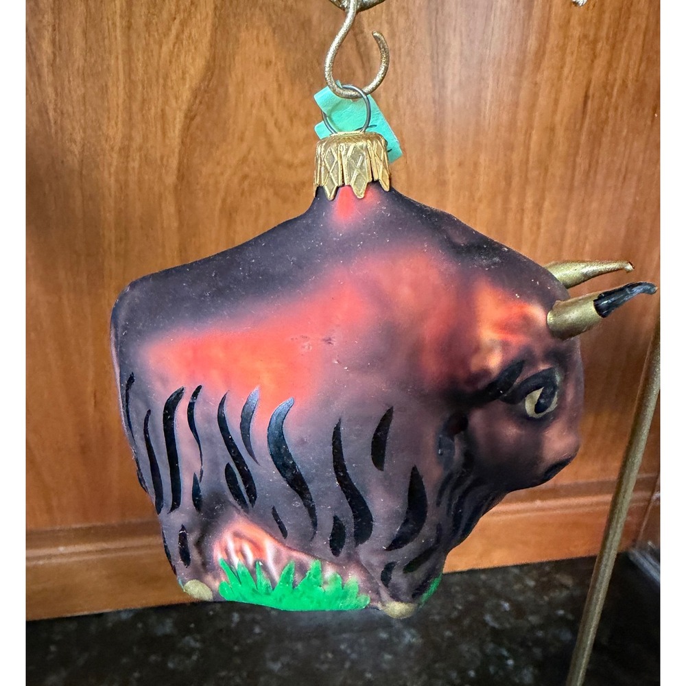 Vintage Hand Painted Glass Bison Buffalo Christmas Ornament Brown Orange 4 inch